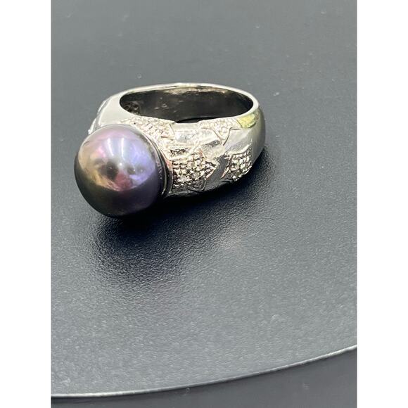 RT Platinum Sterling 12mm Black Cultured Freshwater Pearl Diamond Star Ring 7.25 - Picture 10 of 12